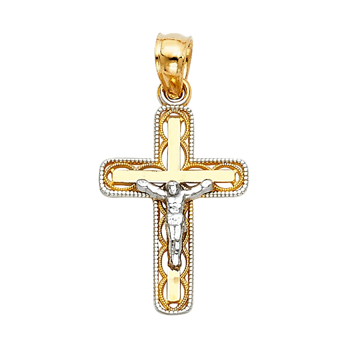 14K Two Tone Gold Cubic Zirconia Jesus Crucifix Cross Religious Pendant | 2T Gold Charm Pendant for Necklace Chain | Jewelry Gift for Men Women | 20 X 13 MM | 0.9 Grams
